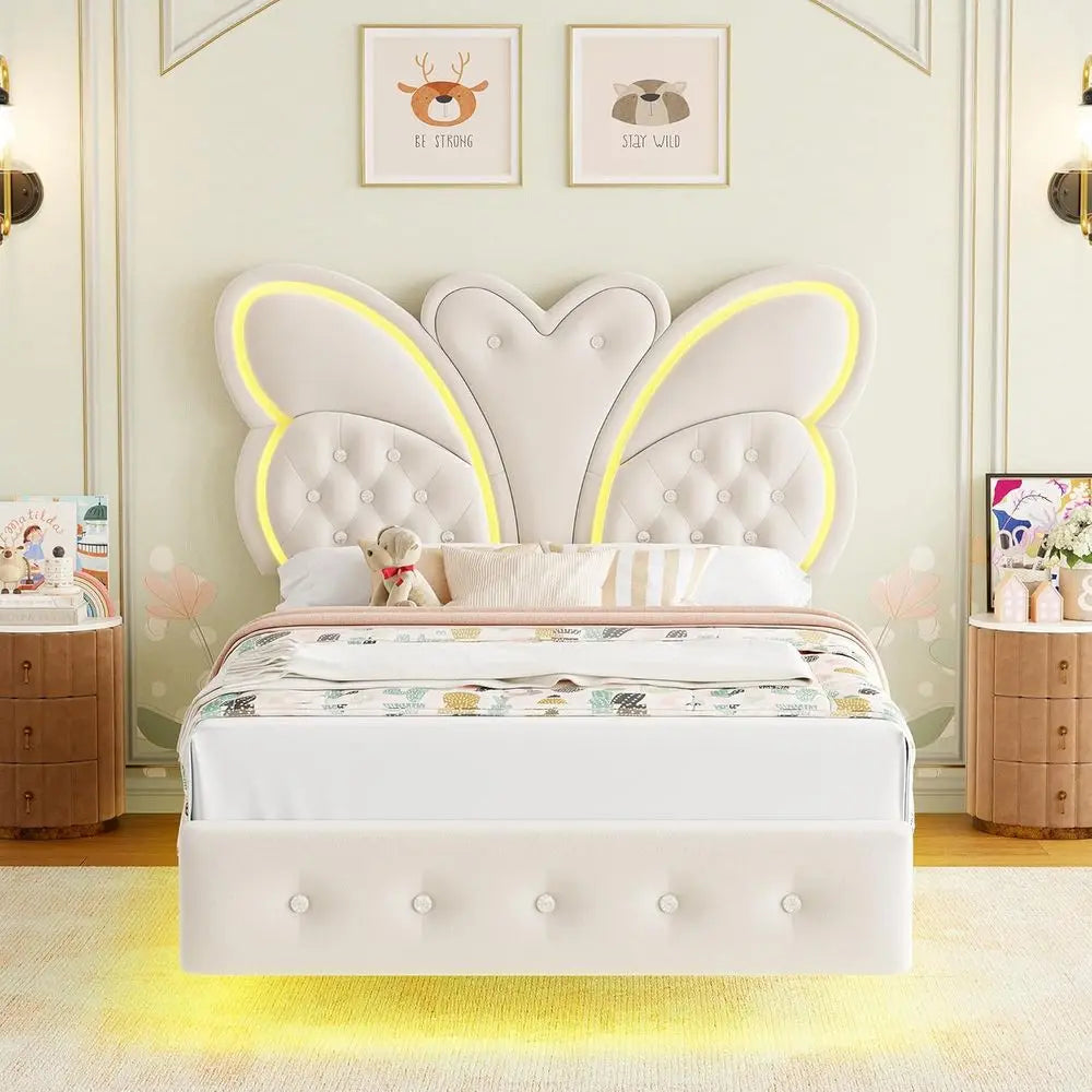 Modern Butterfly-Pattern Twin Bed Frame with LED Lights