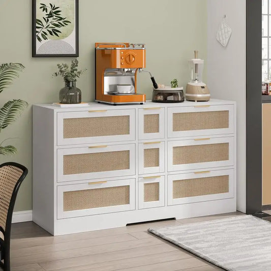 51.2” White Rattan Storage with 9 Drawers