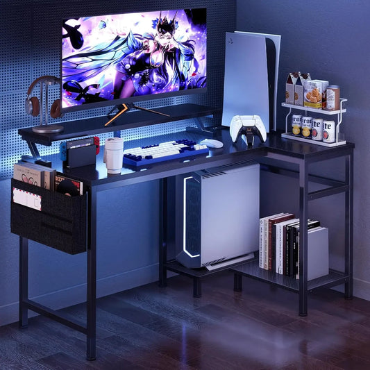 Reversible L Shaped Gaming Desk with Storage Ports, LED Lights