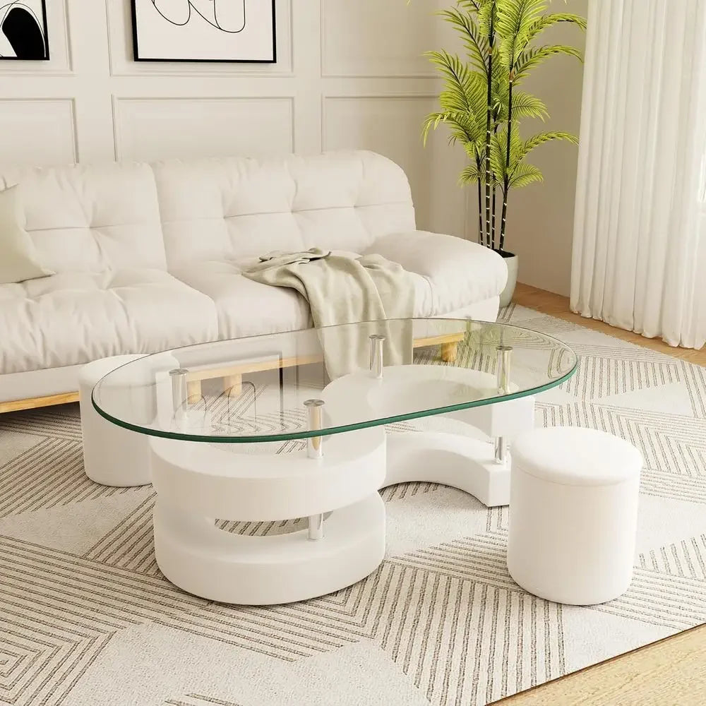 3-Piece Glass Coffee Table Set with  S-Shaped Base, Including 2 Leather Stools