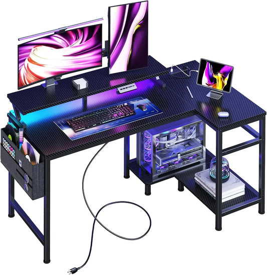 Reversible L Shaped Gaming Desk with Storage Ports, LED Lights
