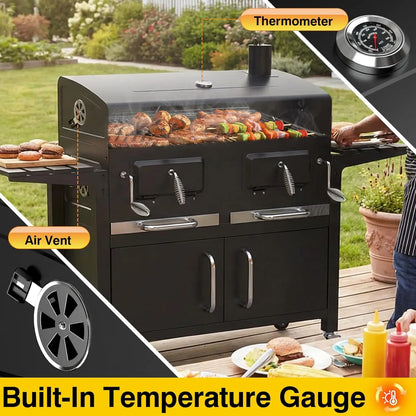 Charcoal BBQ Grill & Smoker Outdoor with 2 Individual Lifting Charcoal Trays