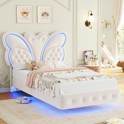 Modern Butterfly-Pattern Twin Bed Frame with LED Lights