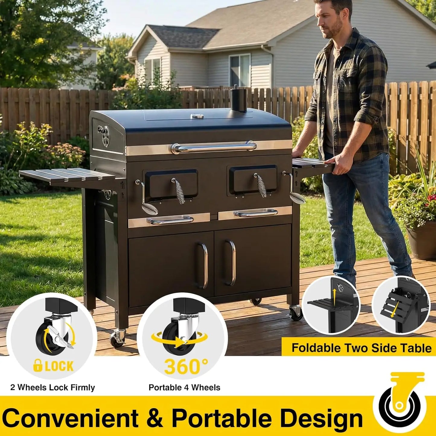 Charcoal BBQ Grill & Smoker Outdoor with 2 Individual Lifting Charcoal Trays