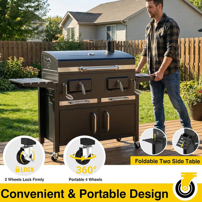 Charcoal BBQ Grill & Smoker Outdoor with 2 Individual Lifting Charcoal Trays