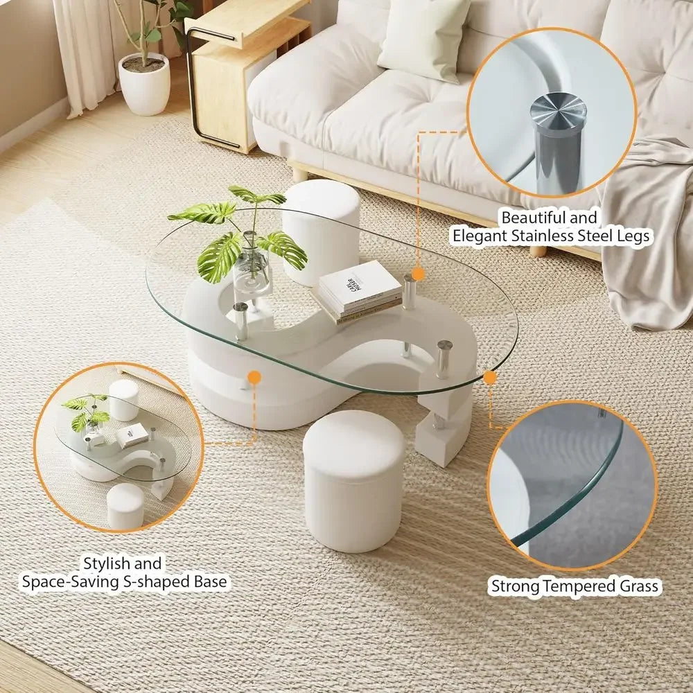 3-Piece Glass Coffee Table Set with  S-Shaped Base, Including 2 Leather Stools