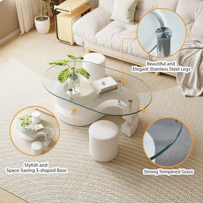 3-Piece Glass Coffee Table Set with  S-Shaped Base, Including 2 Leather Stools