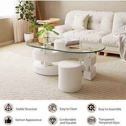 3-Piece Glass Coffee Table Set with  S-Shaped Base, Including 2 Leather Stools