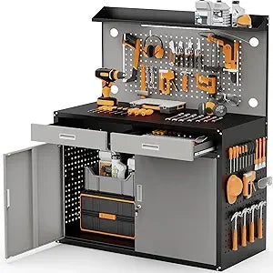 Workbench with Storage Drawers & Pegboard
