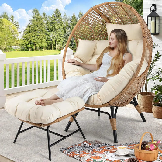 Oversized Rattan Egg Shaped Chair with footrest