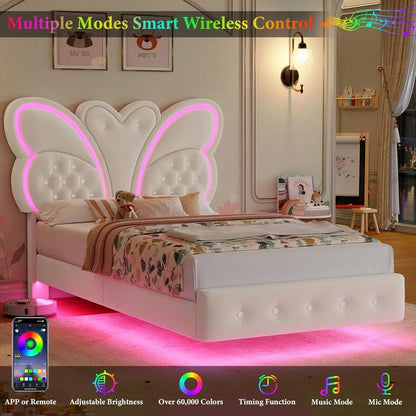 Modern Butterfly-Pattern Twin Bed Frame with LED Lights