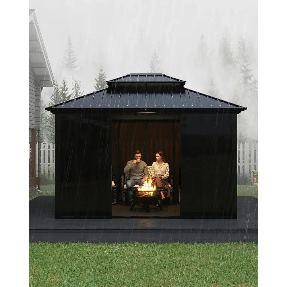 Hardtop All-Season Outdoor Gazebo with Enclosed Polyte Sliding Doors