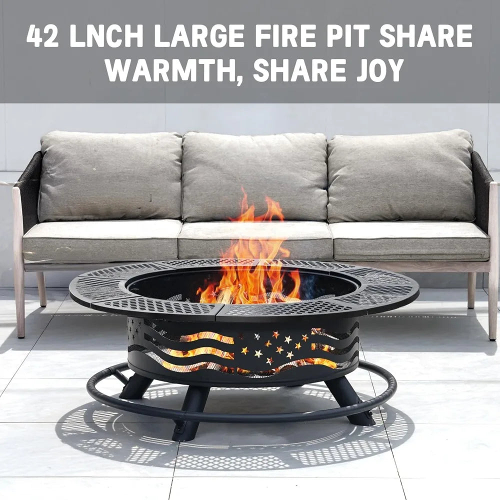 42" Outdoor Fire Pit with BBQ Grill with Cover Lid