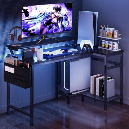 Reversible L Shaped Gaming Desk with Storage Ports, LED Lights