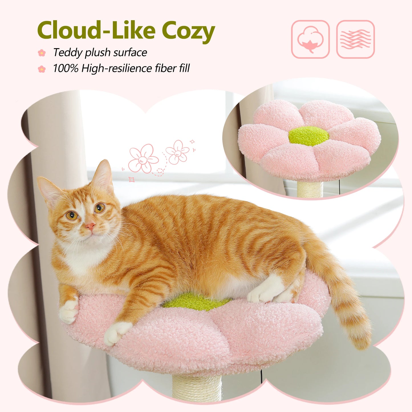 Flower Cat Tree with Scratching Hammock, Perch, Scratcher, Kitten Toy