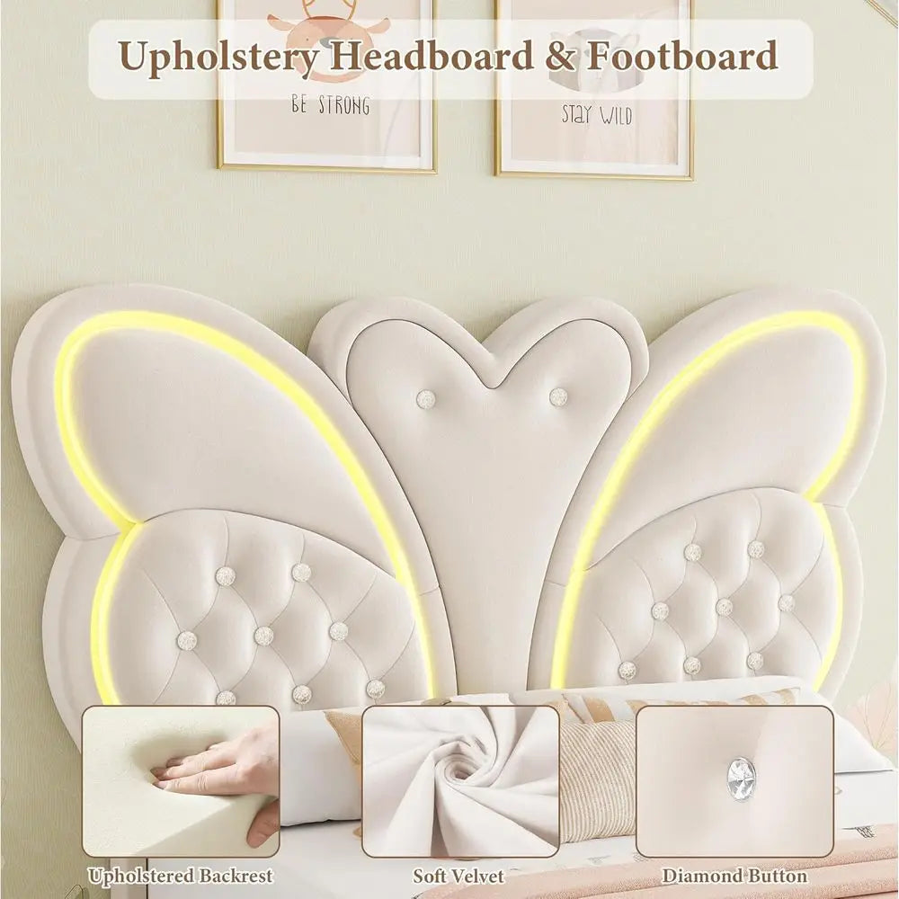 Modern Butterfly-Pattern Twin Bed Frame with LED Lights