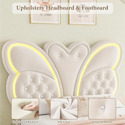 Modern Butterfly-Pattern Twin Bed Frame with LED Lights