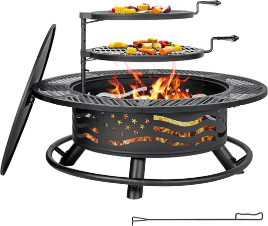 42" Outdoor Fire Pit with BBQ Grill with Cover Lid