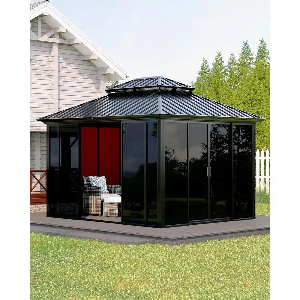 Hardtop All-Season Outdoor Gazebo with Enclosed Polyte Sliding Doors