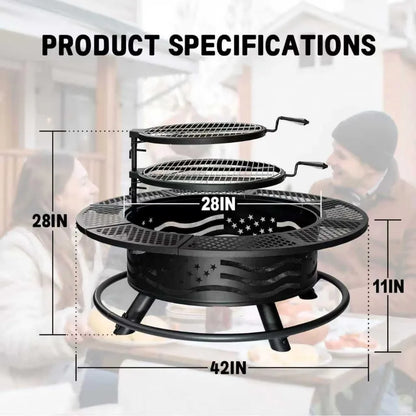 42" Outdoor Fire Pit with BBQ Grill with Cover Lid
