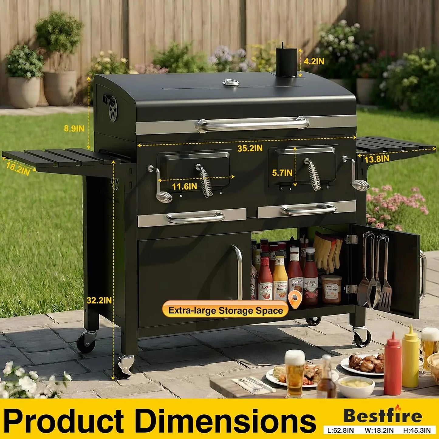 Charcoal BBQ Grill & Smoker Outdoor with 2 Individual Lifting Charcoal Trays