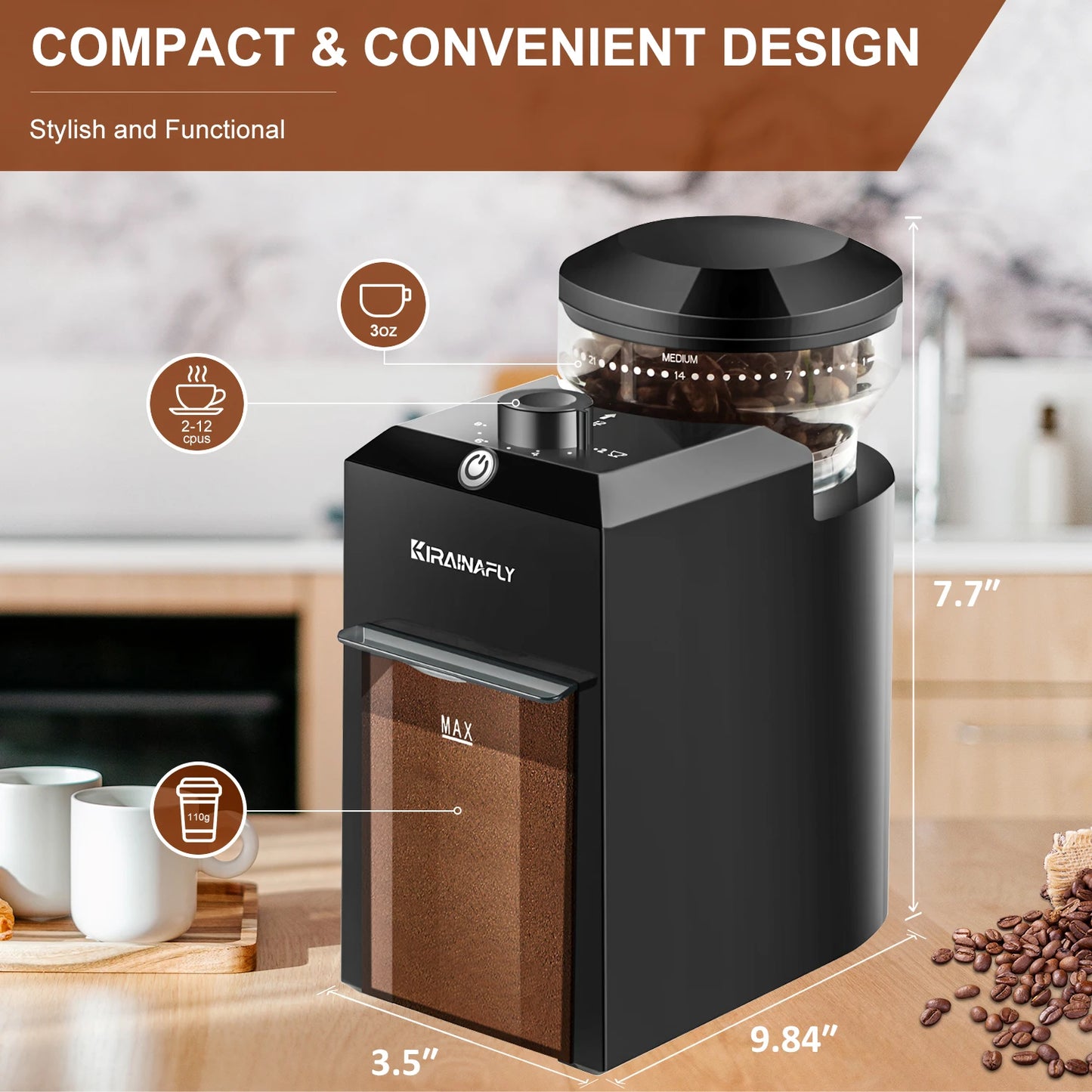 KIRAINAFLY COMPACT BURR COFFEE GRINDER