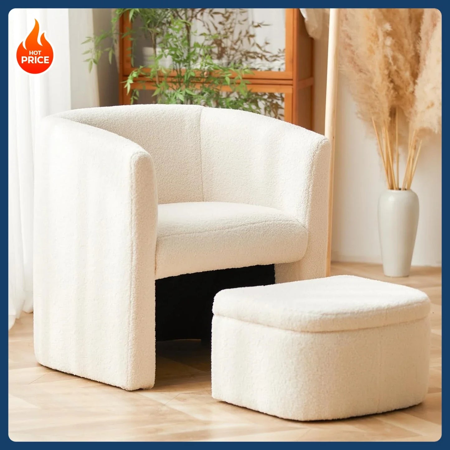 [Limited Stock!] Upholstered Sherpa Barrel Accent Chair with Storage Ottoman
