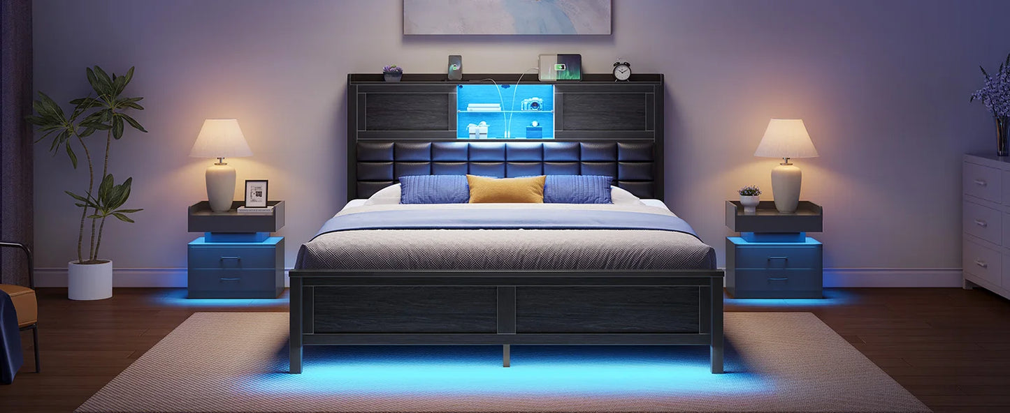 Platform Bed with Bookcase siding doors Headboard