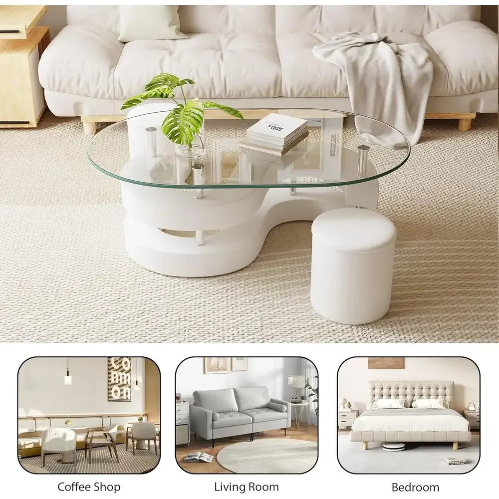 3-Piece Glass Coffee Table Set with  S-Shaped Base, Including 2 Leather Stools