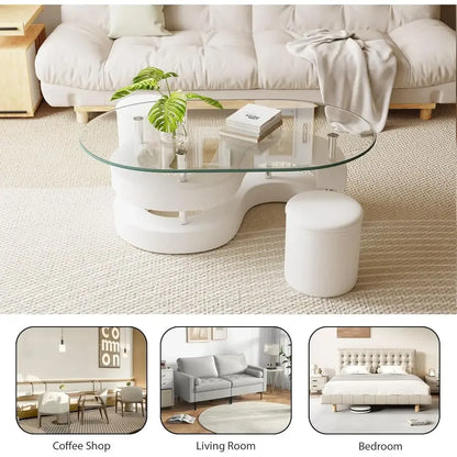 3-Piece Glass Coffee Table Set with  S-Shaped Base, Including 2 Leather Stools