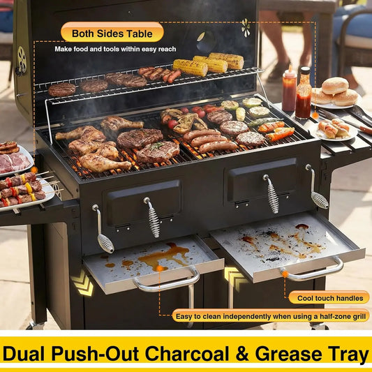 Charcoal BBQ Grill & Smoker Outdoor with 2 Individual Lifting Charcoal Trays