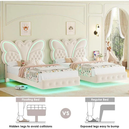 Modern Butterfly-Pattern Twin Bed Frame with LED Lights