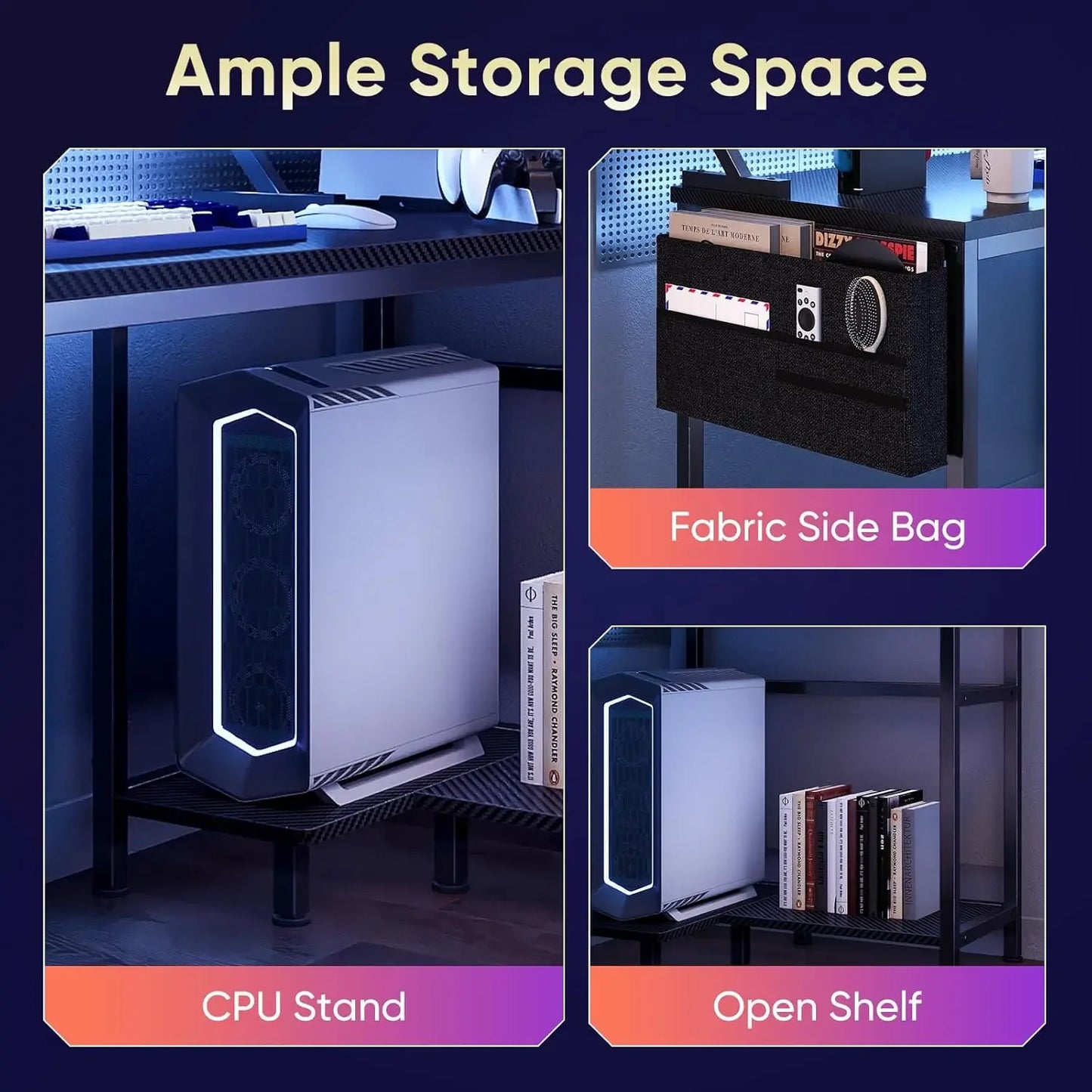 Reversible L Shaped Gaming Desk with Storage Ports, LED Lights