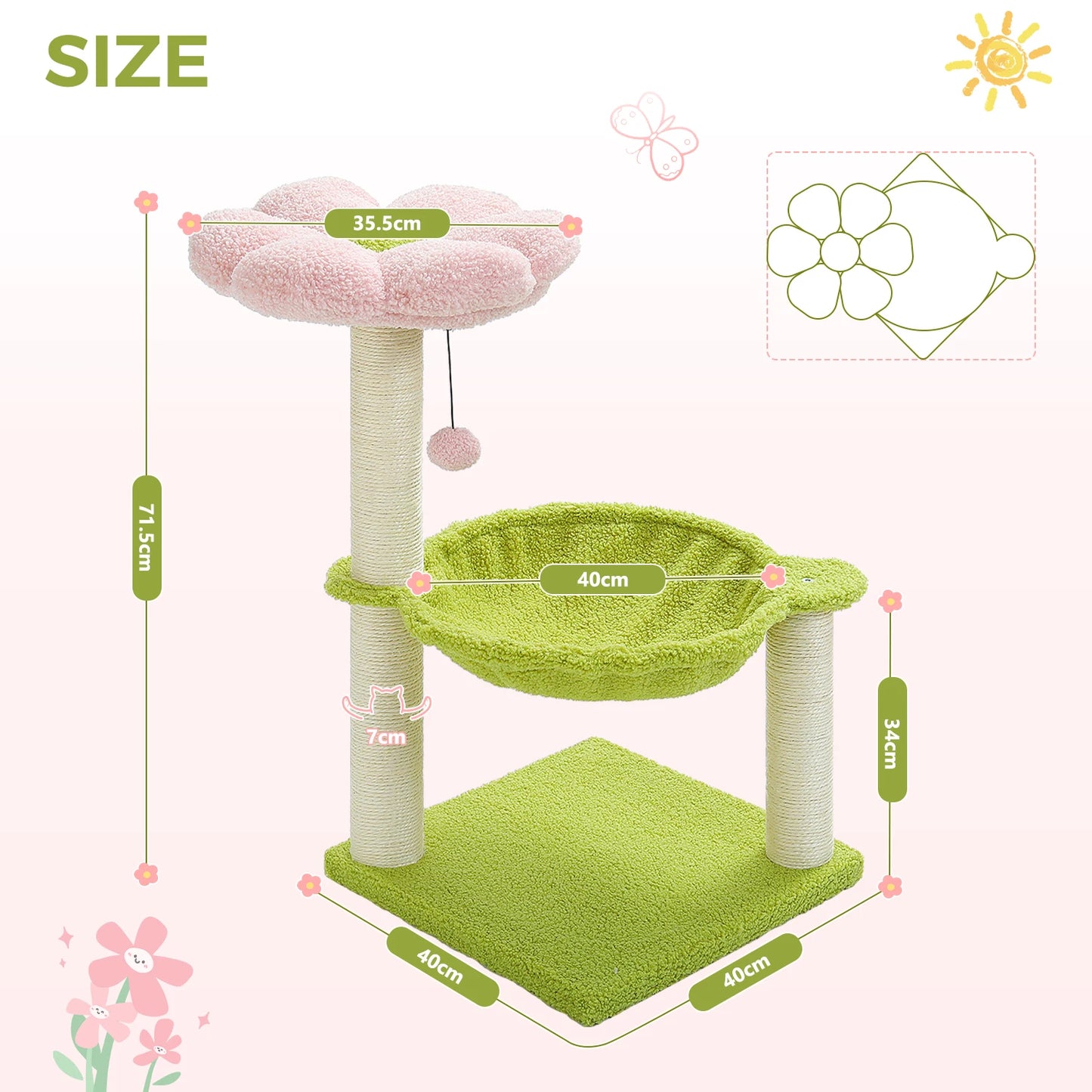 Flower Cat Tree with Scratching Hammock, Perch, Scratcher, Kitten Toy