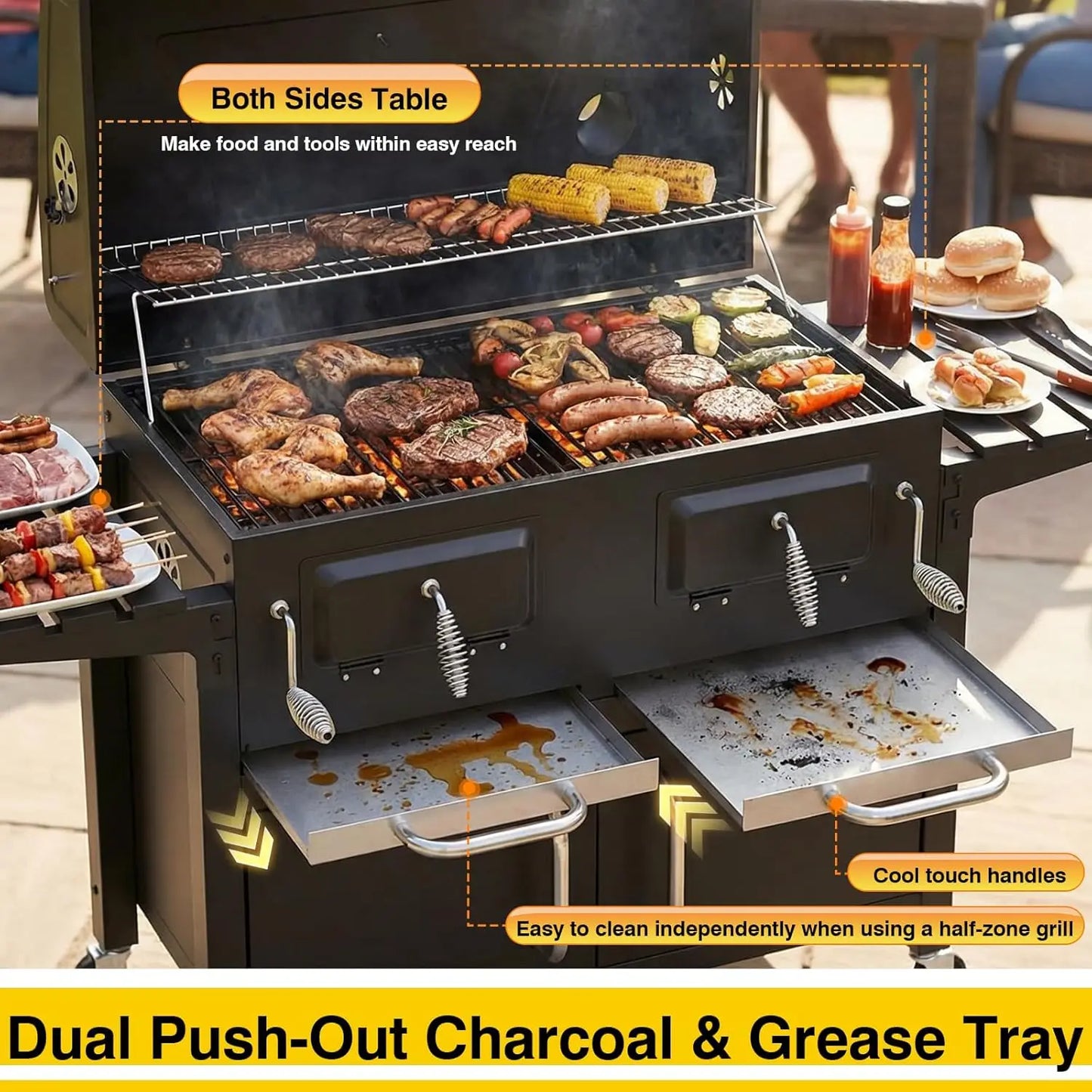 Charcoal BBQ Grill & Smoker Outdoor with 2 Individual Lifting Charcoal Trays