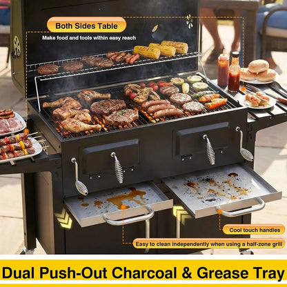 Charcoal BBQ Grill & Smoker Outdoor with 2 Individual Lifting Charcoal Trays