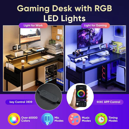 Reversible L Shaped Gaming Desk with Storage Ports, LED Lights
