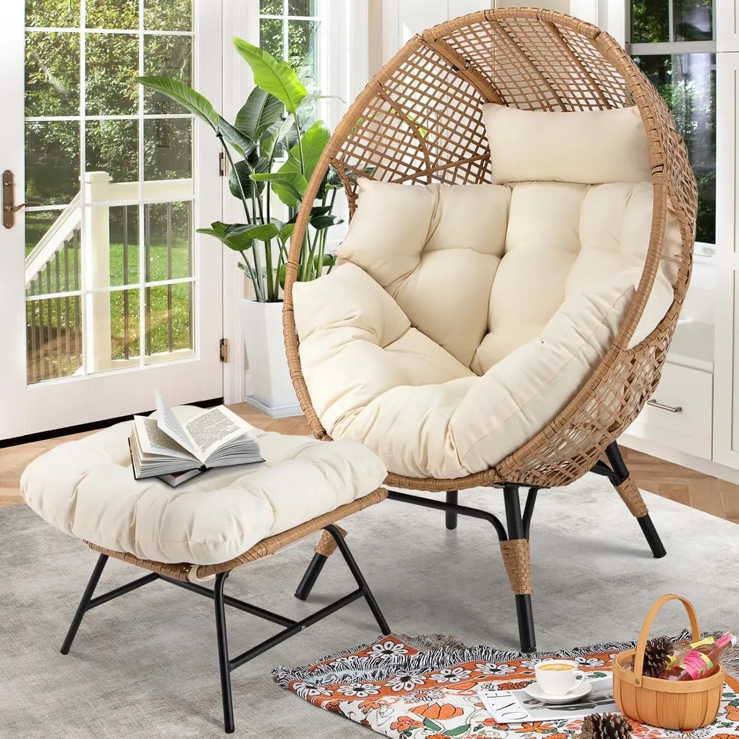 Oversized Rattan Egg Shaped Chair with footrest