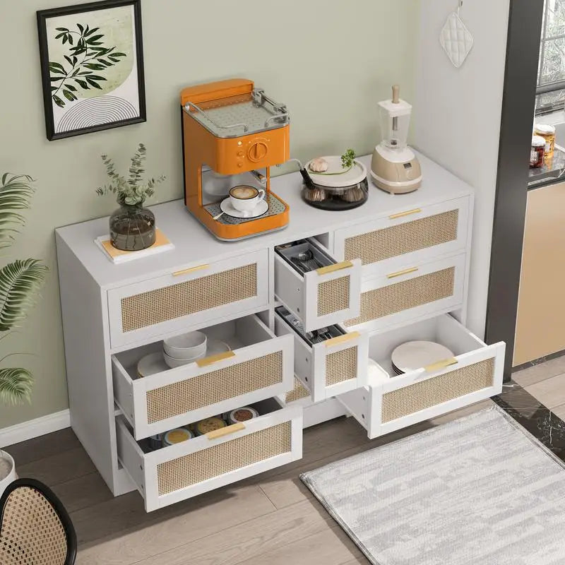 51.2” White Rattan Storage with 9 Drawers