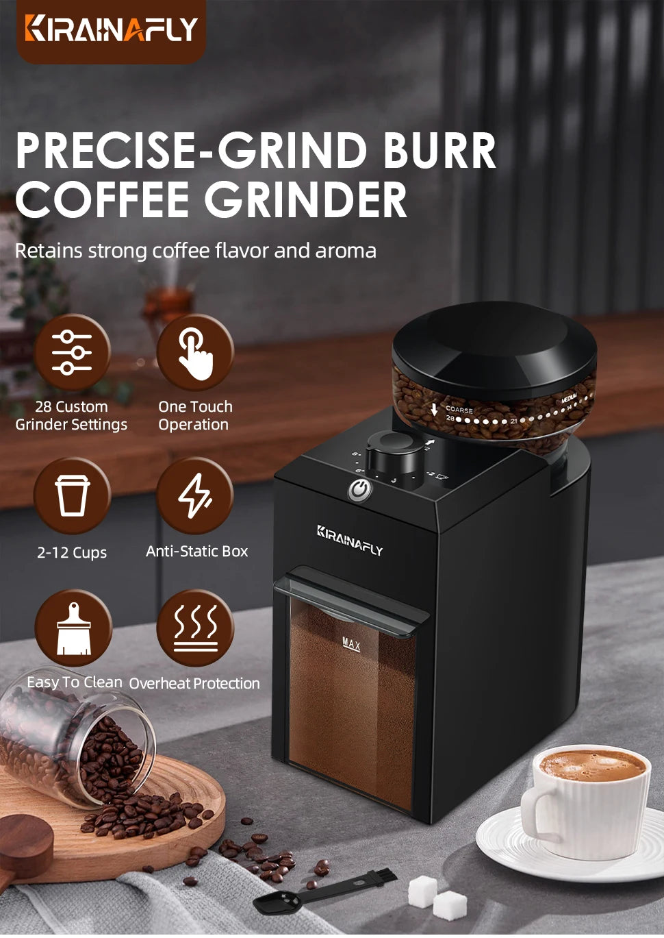 KIRAINAFLY COMPACT BURR COFFEE GRINDER