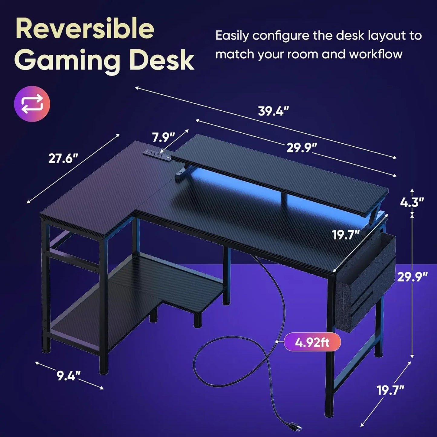 Reversible L Shaped Gaming Desk with Storage Ports, LED Lights