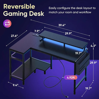 Reversible L Shaped Gaming Desk with Storage Ports, LED Lights