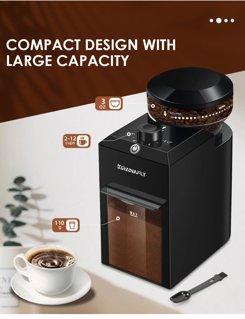 KIRAINAFLY COMPACT BURR COFFEE GRINDER