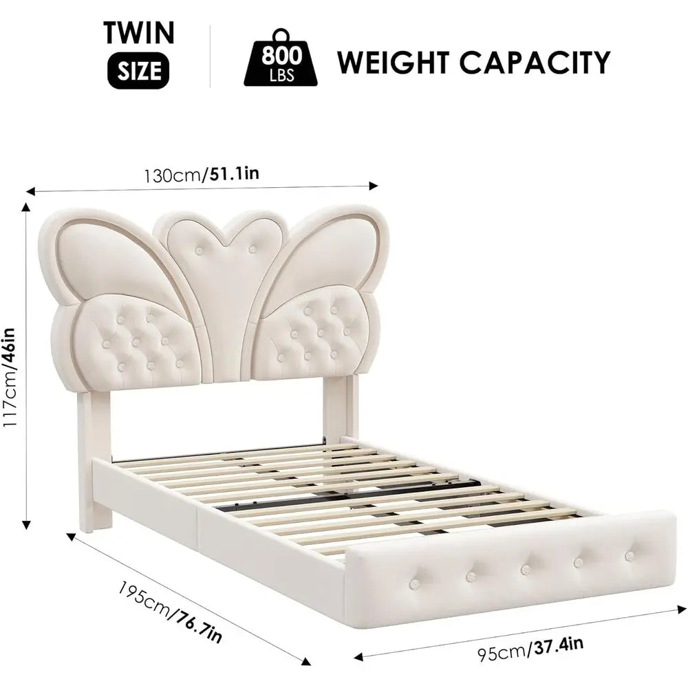 Modern Butterfly-Pattern Twin Bed Frame with LED Lights