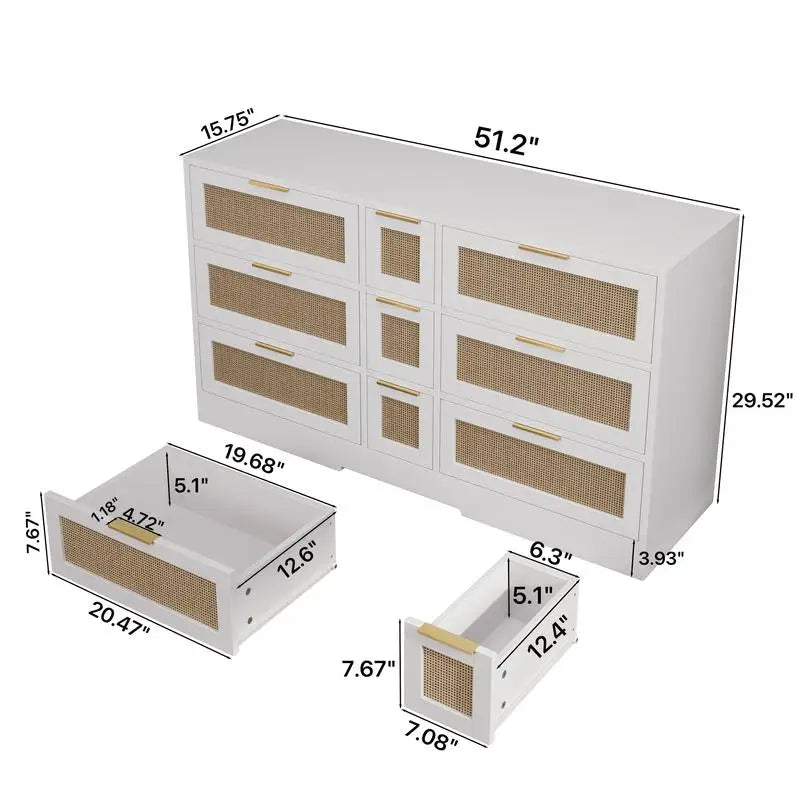 51.2” White Rattan Storage with 9 Drawers