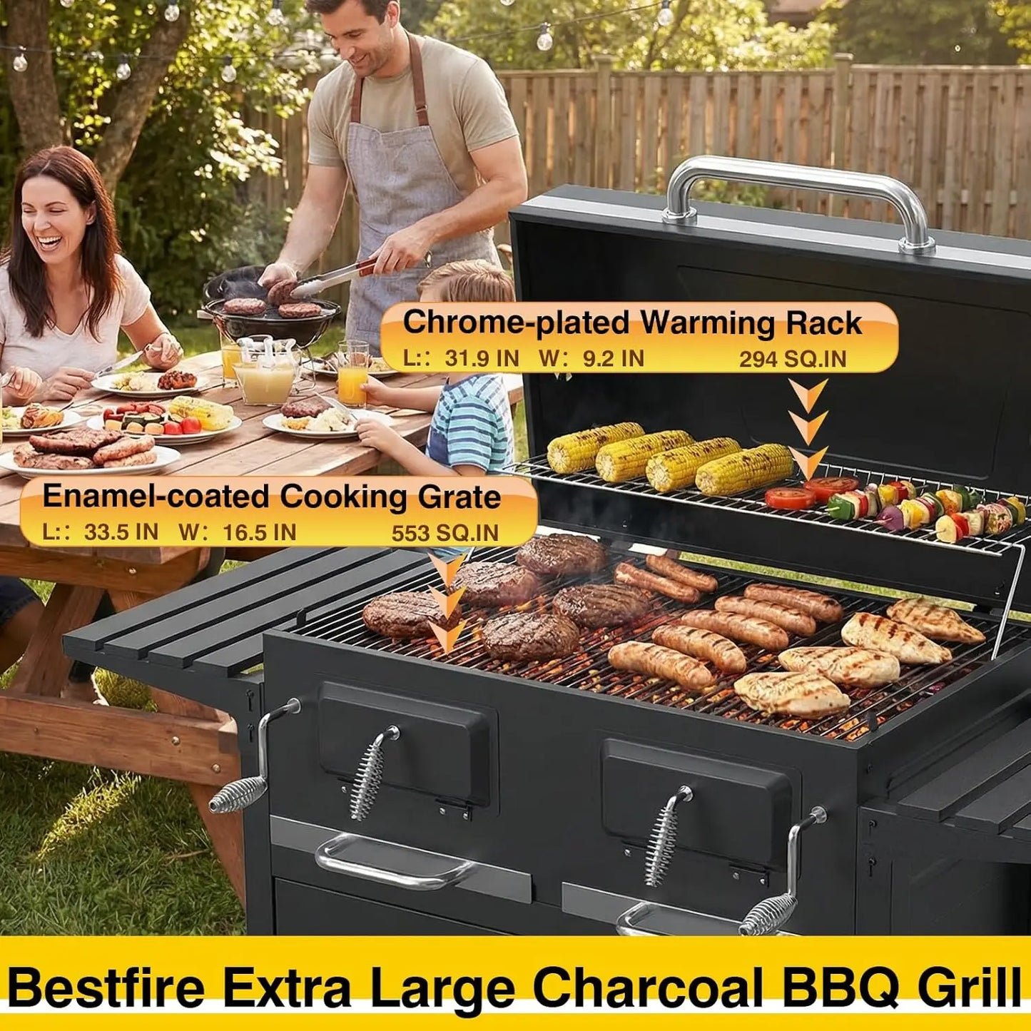 Charcoal BBQ Grill & Smoker Outdoor with 2 Individual Lifting Charcoal Trays