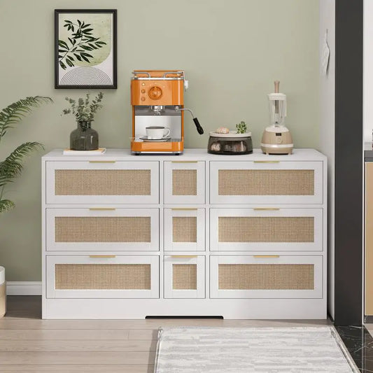 51.2” White Rattan Storage with 9 Drawers