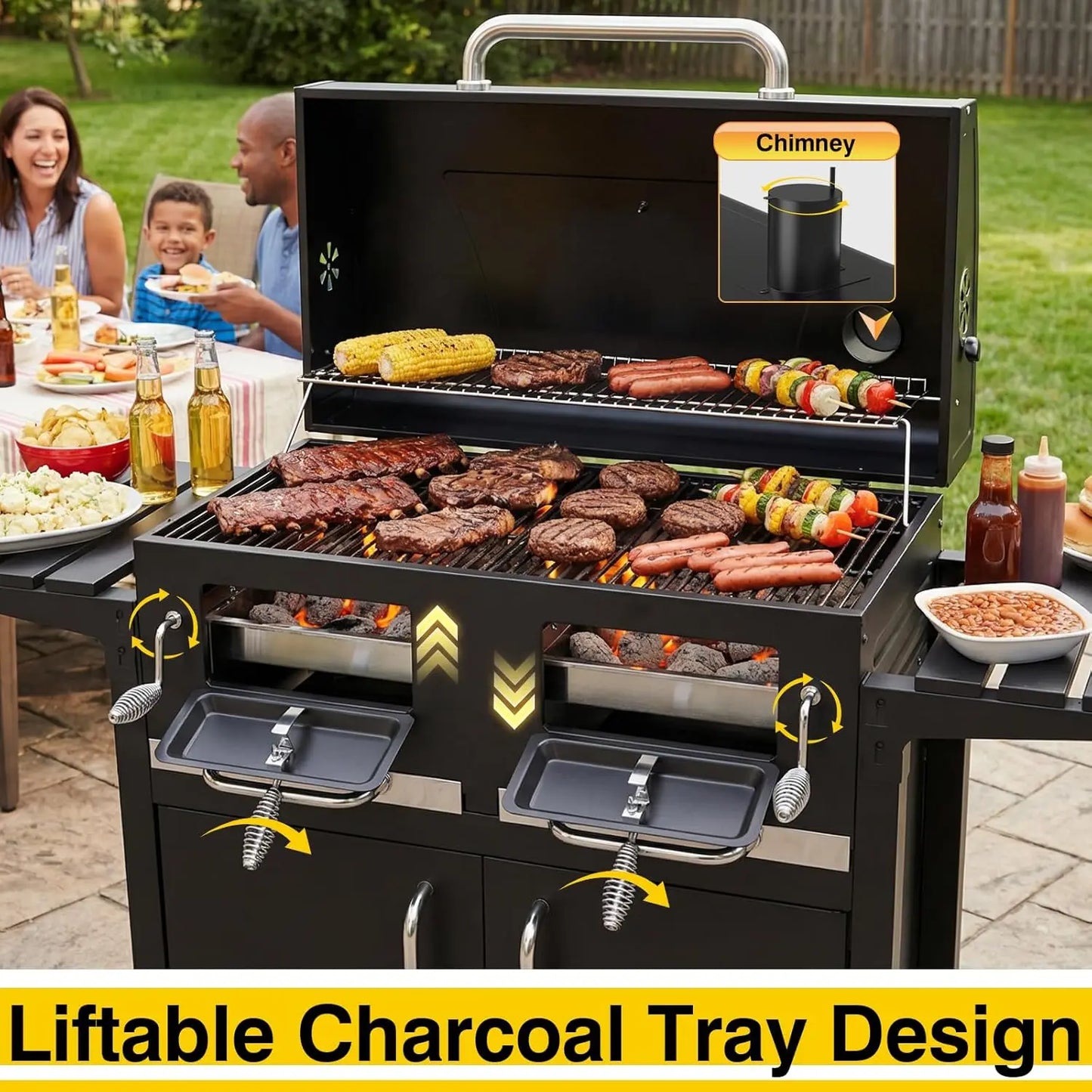 Charcoal BBQ Grill & Smoker Outdoor with 2 Individual Lifting Charcoal Trays