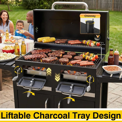 Charcoal BBQ Grill & Smoker Outdoor with 2 Individual Lifting Charcoal Trays