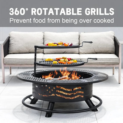 42" Outdoor Fire Pit with BBQ Grill with Cover Lid